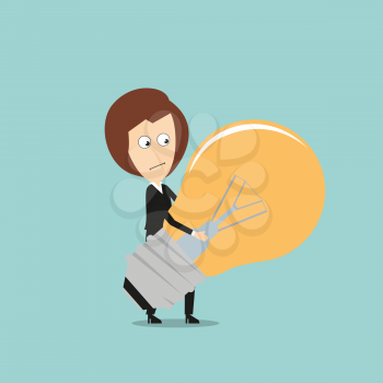 Tired business woman carrying in hands huge idea light bulb, for inspiration or great idea concept design. Cartoon flat style 