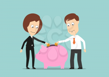 Smiling businessman and business woman putting golden coins in piggy bank, for teamwork or investment fund concept design. Cartoon flat style