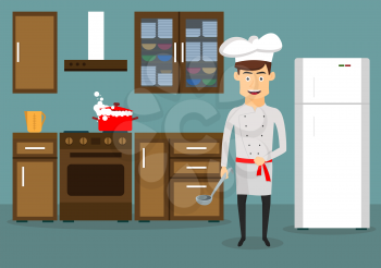 Smiling young man in chef hat and tunic cooking in kitchen at home. Cartoon flat style 