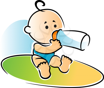 Adorable newborn baby with a single curl on its head sitting drinking a bottle of feed , vector illustration