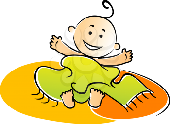 Naughty mischievous little baby lying under a blanket waving at the viewer with a beaming smile, vector illustration