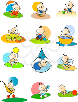 Set of twelve different colorful cartoon vector illustrations of small babies enjoying various activities