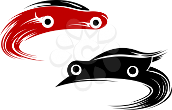 Racing cars speeding around a track with swirling motion or speed trails, stylized vector silhouettes in red and black color variants on white