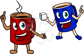 Two happy cartoon mugs of coffee, one red one pointing to the steam from the freshly brewed espresso and the other blue one carrying a sugar cube in its hand, vector illustration on white