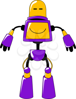 Futuristic toy robot in vivid yellow and blue standing facing the viewer with a domed head and wired extremities, vector illustration on white