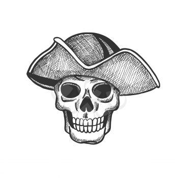 Skull of pirate isolated sketch for tattoo or Halloween themes design. Scary skeleton with vintage hat of sea captain for piracy flag and jolly roger symbol design