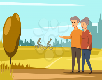 Vector image with elderly couple walking outdoors. Old man and woman walking in city park. Senior couple together, mature active grandparents in love. Age relationship concept