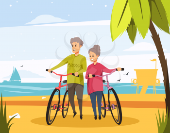 Senior couple or old man and woman with bicycles on beach. Vector people on holiday vacation or travel and sport at sea or ocean seascape with palm, waves and seagulls