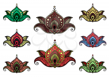 Paisley flowers with vector floral pattern. Indian ethnic ornaments with ornate leaves, arabesque flourishes and Arabic lace motifs, brown, green, yellow and red petals with swirls and curls