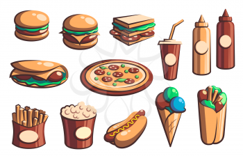 Fast food retro icons with vector burgers, drinks and desserts. Hamburger, pizza, hot dog and sandwich, french fries, soda and cheeseburger, ice cream, popcorn, mexican burritos and taco with sauces