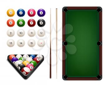 Billiard sport game balls, table, cues and rack realistic vector design of pool and snooker equipment. Pyramid of colorful balls, wooden cue sticks and triangle frame, green table with pockets