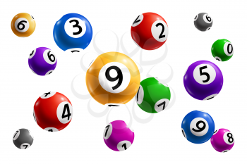 Balls with numbers of bingo lottery, lotto and keno gambling games 3d vector design of gaming sport, game of chance and casino leisure. Realistic spheres with jackpot winning numbers combination