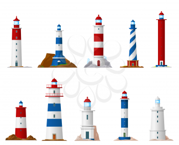 Sea lighthouse isolated vector icons of nautical navigation design. Beacon tower building with guid beam of searchlight symbols, marine navigational equipment and navy safety themes
