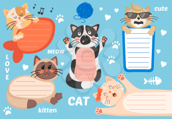 Kids text frame vector template with background of cute cartoon cats. Paper notes, notepad or notebook pages for memo, to do list, planner and notice, message or reminder layouts, scrapbook design