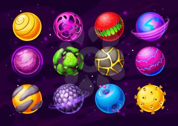 Alien life planets, fantasy space worlds cartoon icons. Colorful fantastic planets or asteroids with different surface, live core, lava and craters vector. User interface UI or GUI design elements set