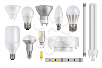 LED light bulbs isolated on white background realistic vector mockup. LED lamps, lightbulbs and tubes, strip or tape with light-emitted diodes. 3d electrical power equipment or household accessories