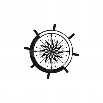 Marine compass in shape of steering wheel isolated orientation and navigation instrument. Vector nautical circle with poles showing sailing direction, dial with world sides, monochrome wind rose