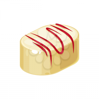 Candy in white glaze and red caramel topping isolated tasty confectionery snack. Vector sweet holiday treat, delicious choco product in realistic design. Swiss chocolate confection, one oval candy
