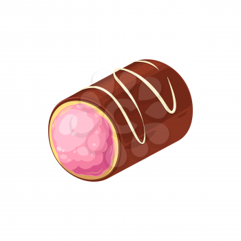 Delicious chocolate candy with strawberry cream isolated sweet treat. Vector choco dessert, realistic confection filled with pink jelly. Candy with sugar glaze topping, homemade dessert of cacao