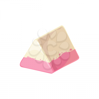 Candy with white chocolate and strawberry cream isolated cheesecake icon. Vector triangle or pyramid shape of confection in 3D design, sweet tasty dessert, delicious creamy treat, confectionery food