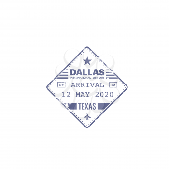 Stamp, passport travel visa of USA America, vector Dallas international airport in Texas. US American international border control square passport stamp with country airport arrival and entry date