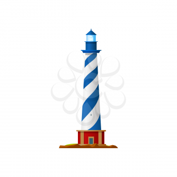 Sea beacon isolated nautical building. Vector marine tower with searchlight, blue lighthouse, sea navigation equipment icon. Tall tower on ocean coast or marine shore with searchlight lamp, enter door