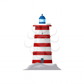 Lighthouse marine tower with searchlight to navigate ships isolated icon. Vector beacon nautical building. Seafarer striped construction with entrance door and windows, rocky land at coastline