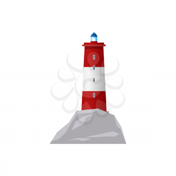 Nautical red striped tower isolated construction icon. Vector tall lighthouse, retro beacon, sea nautical navigation building design. Guide beam of searchlight, marine navigational equipment