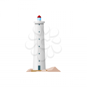 Sea lighthouse, marine beacon isolated building. Vector nautical striped tower, tall construction on rocks. Seafarer navigation beacon, tower on ocean coast or marine shore with searchlight lamp