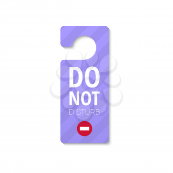 Hotel door hanger isolated do not disturb message with stop sign. Vector purple tag on doorknob, no enter or locked tag. Warning tag, keep silence and quiet, privacy or busy, door hanger card