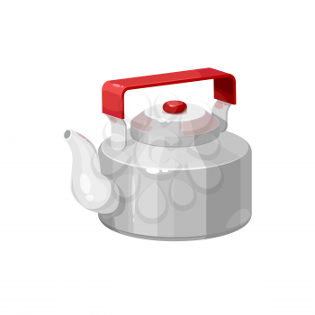 Retro tea pot with red handle isolated kettle with hot drink. Vector teapot with cap, tea-kettle of stainless steel. Kitchen utensils, household appliance to boil water, tea or coffee making device