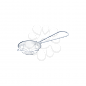 Tea strainer with handle isolated metal sieve icon. Vector strainer placed over teacup to catch loose leaves, kitchenware utensil. Sterling silver or stainless steel brewing or infusing basket