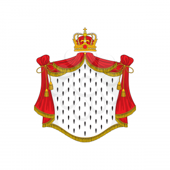 Heraldic background with red ermine royal mantle and crown isolated. Vector luxury king or queen cloth, monarch cloak with tassels and ropes. Heraldry coat of arms, authority and power mascot