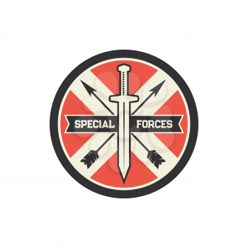 Special forces squad isolated military chevron with crossed arrows and sword icon. Vector US army mascot special squad, armored troops, archery and artillery chevron. Infantry forces division badge
