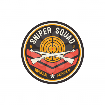 Special snipers squad isolated USA armored troops emblem on cloth or uniform. Vector military american soldier chevron insignia, US army patch. Target or aim with crossed rifles, mascot of gunpoint