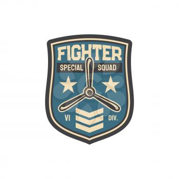 Fighter plane army chevron aviation squad with officer rank sign and jet propeller. Vector aviation army insignia of airplane fighter, patch on military uniform. Propelled aircraft, retro interceptor