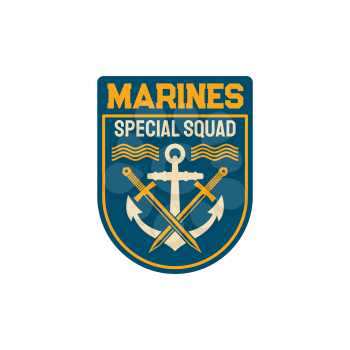 Marines special squad with naval symbol anchor and crossed sword isolated maritime military chevron navy squad. Vector maritime forces patch on army officer uniform. Chevron with sea or ocean waves