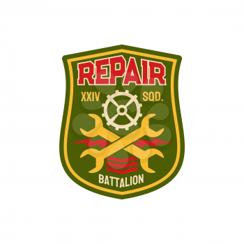 Repair battalion engineering squadron chevron with crossed wrenches and gear mechanism. Vector engineering squadron isolated army patch on military uniform. Engineer division squad to fix and maintain
