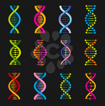 Dna helix symbols, genetic medicine vector signs. Spiral molecule structure, science and scientific research, human gene code evolution. Colorful Dna design elements isolated on black background