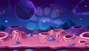 Cartoon planet surface with craters, space background. Vector alien landscape with pink or purple kraters, falling comet in cosmos and planet spheres in Universe. Futuristic computer game cosmic scene