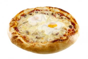 Italian pizza with cheese, ham, eggs, mushrooms, ketchup and olives