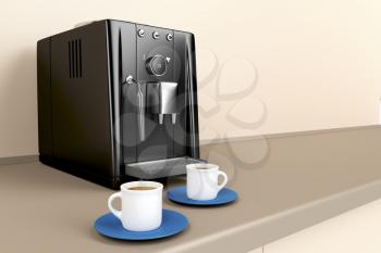 Automatic coffee machine and two espresso cups in the kitchen