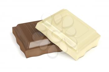 White and brown chocolate pieces on white background