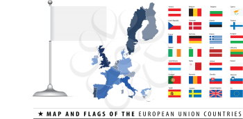Royalty Free Clipart Image of European Union Flags and a Blank Flag and Map