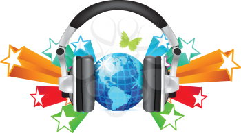 Royalty Free Clipart Image of a Globe With Headphones and Shooting Stars