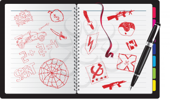 Royalty Free Clipart Image of a Book With Childish Drawings of Weapons