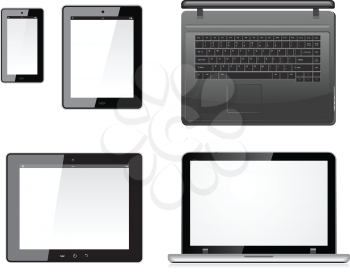Laptop, tablet pc computer and mobile smartphone with a blank screen. Isolated on a white.