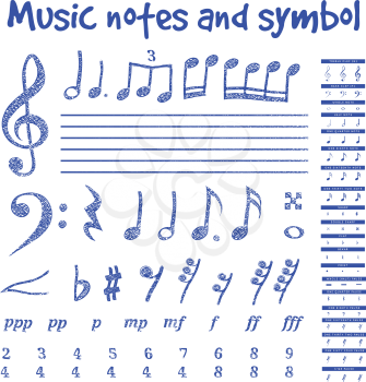 Handwritten musical notes on white background, vector illustration