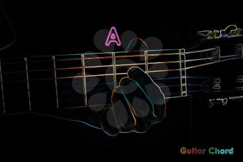 Guitar chord on a dark background, stylized illustration of an X-ray. A chord