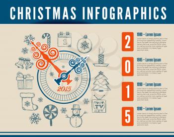 Christmas clock. Vector infographics with drawing background